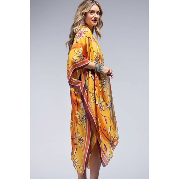 Sunrise Vibrant Floral Print & Stripe Border Open Kimono Wrap Coverup Top - Picture 5 of 6